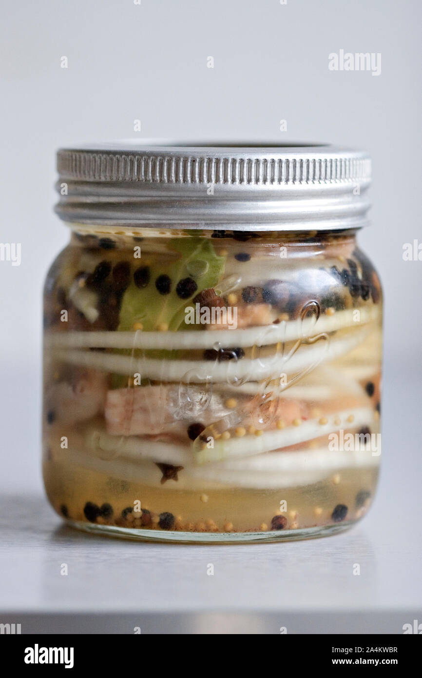 Pickeled hareng dans pot Mason Banque D'Images
