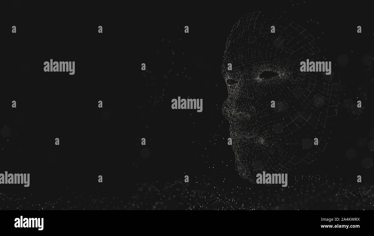 Visage humain composé de lignes et points lumineux. 3D illustration sur fond noir Banque D'Images