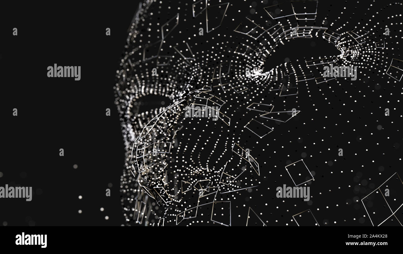Visage humain composé de lignes et points lumineux. 3D illustration sur fond noir Banque D'Images