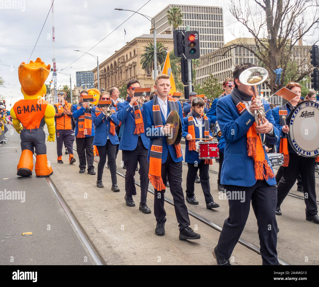 La Ligue de football australien AFL 2019 Grand Parade finale plus de Western Sydney GWS Giants Tigres Richmond Melbourne Victoria en Australie. Banque D'Images