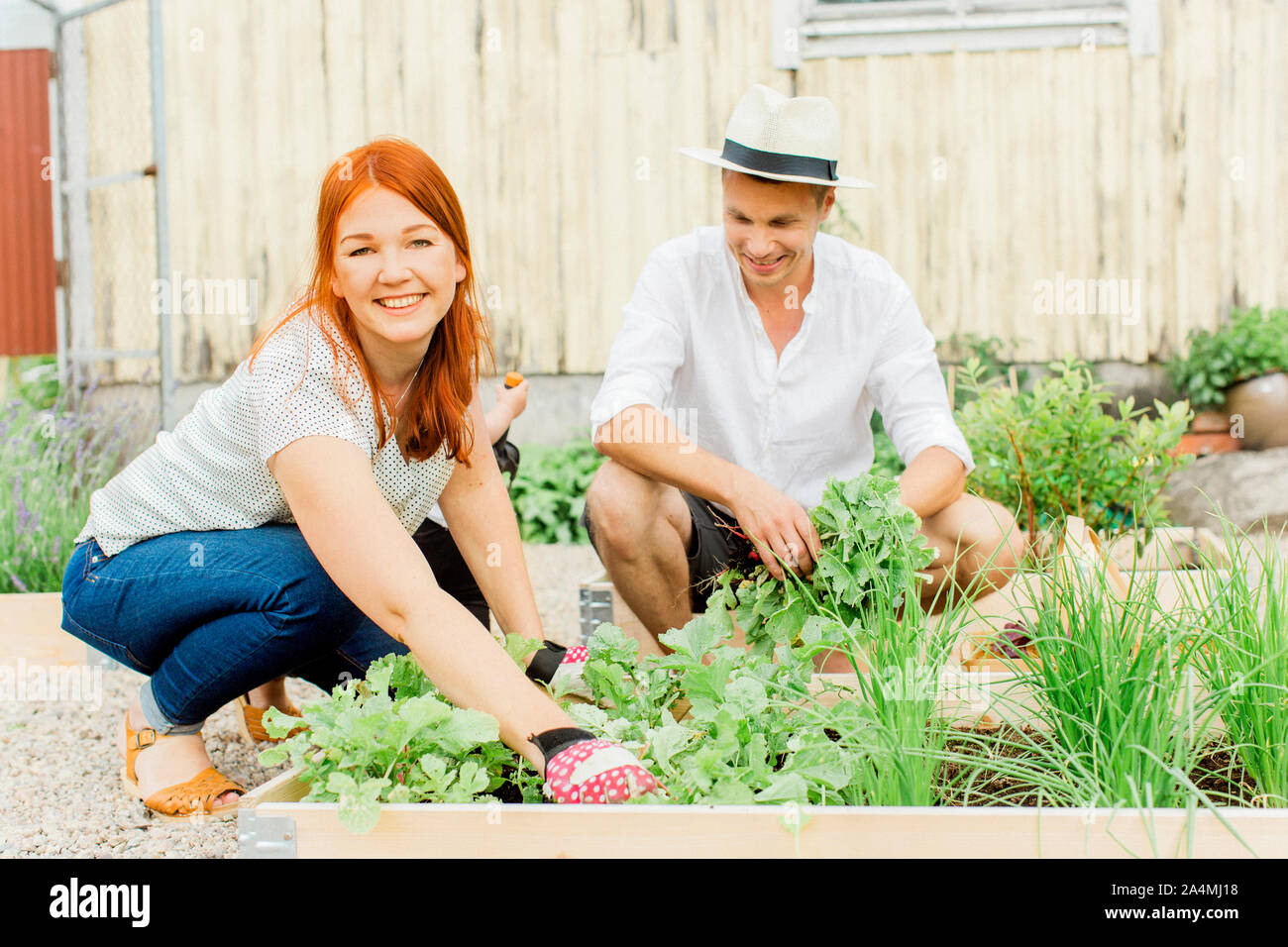 Jeune couple travaillant dans jardin Banque D'Images