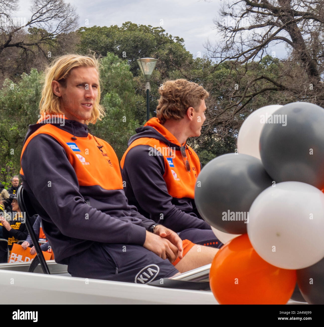 La Ligue de football australien AFL 2019 Grand Parade finale plus de Western Sydney GWS Giants Tigres Richmond Melbourne Victoria en Australie. Banque D'Images