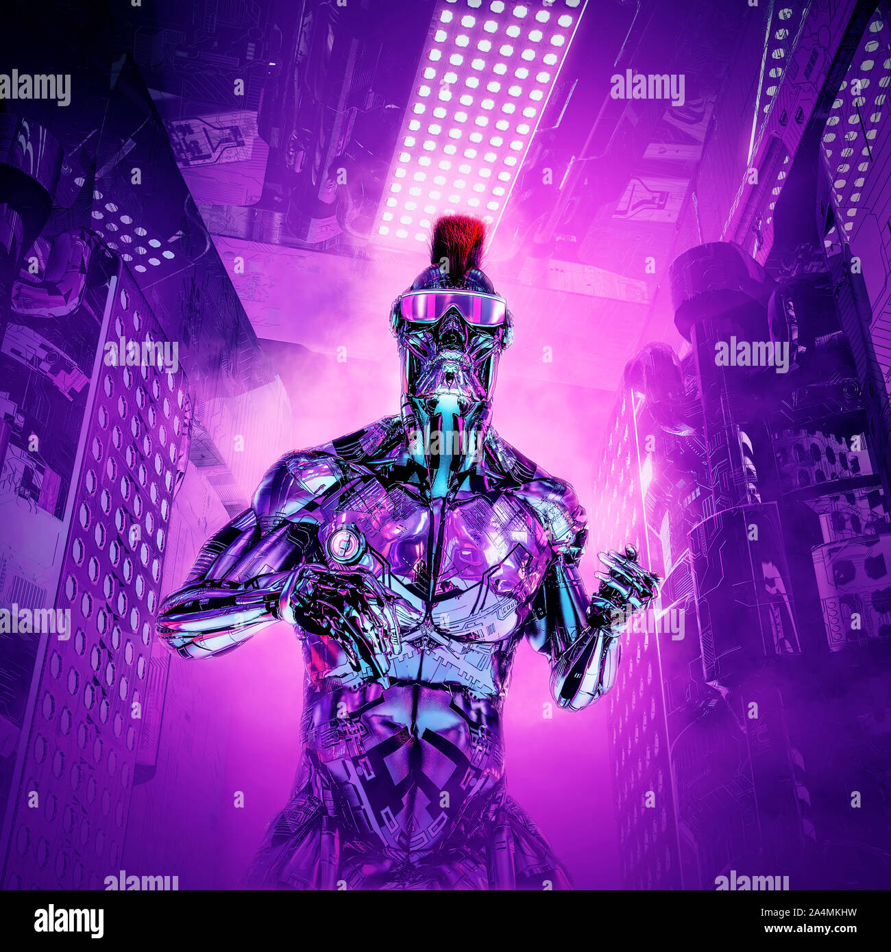 Le garçon artificiel renvoie / 3D illustration de la science-fiction métallique futuriste cyborg humanoïde mâle avec le mohawk hairstyle et lunettes Banque D'Images