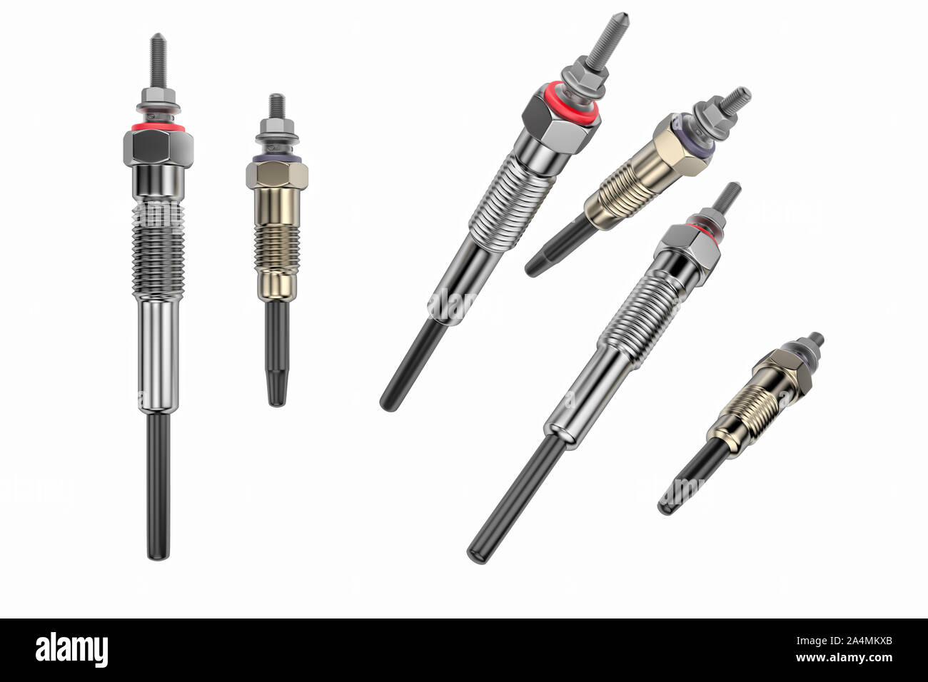 Deux types de pièces automobiles glow plug sur un fond blanc. Pièce de rechange pour le moteur de la voiture. Le rendu 3D Banque D'Images