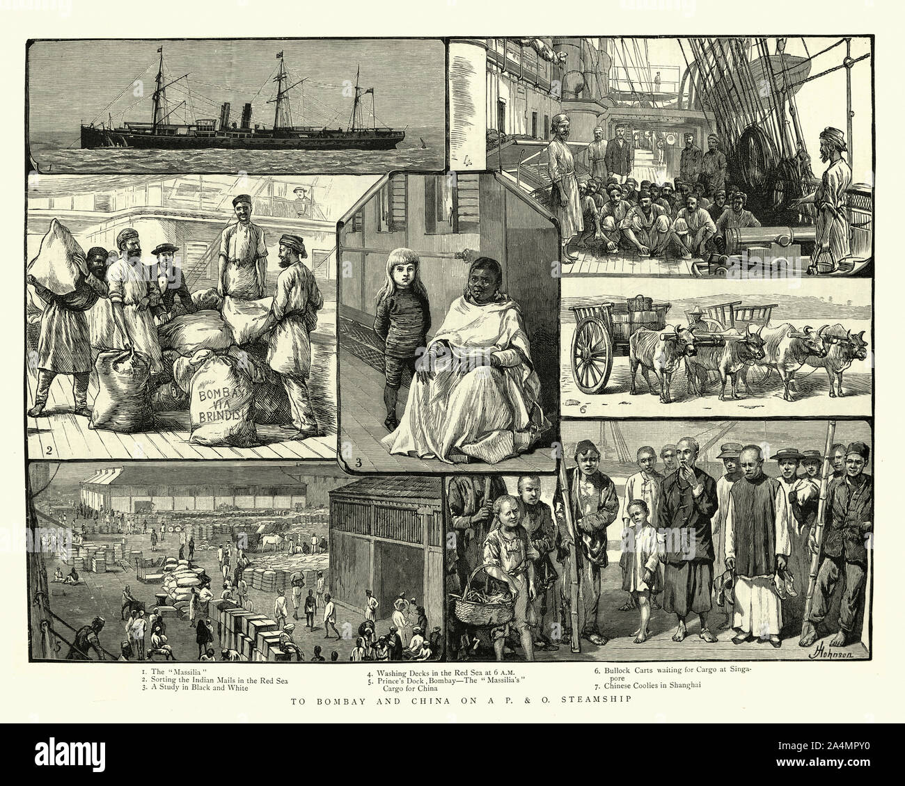 Gravure d'époque de scènes à partir d'un voyage de Bombay à la Chine sur un victorian (P&O) steamship, 19e siècle Banque D'Images