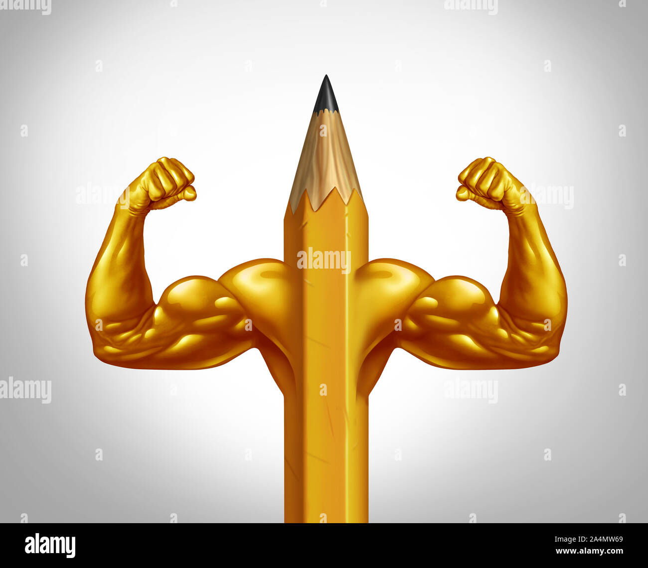 Puissance du potentiel et de la force créatrice de l'éducation solide ou symbole qu'un crayon avec d'énormes muscles biceps et représentant les entreprises de formation. Banque D'Images