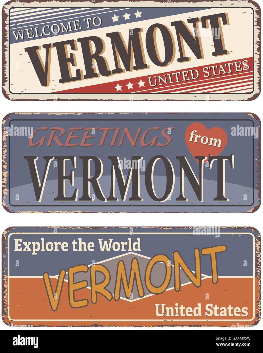 Vintage tin sign collection avec nous. L'État du Vermont. Retro de souvenirs ou de vieux papier carte postale des modèles sur fond rouille Illustration de Vecteur
