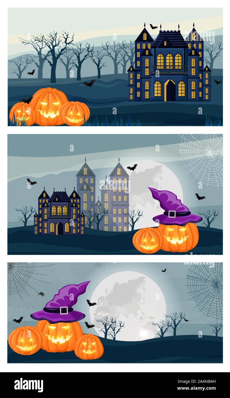 Collage vector set de forêt halloween avec château, citrouilles, chapeau de sorcière et l'araignée. Pleine lune sur fond de style plat Illustration de Vecteur