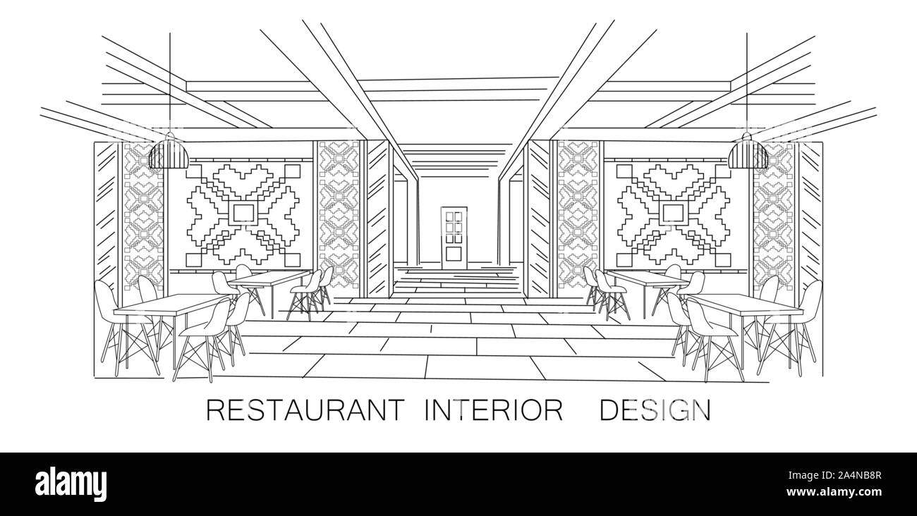 Croquis de l'intérieur du restaurant moldave avec des décorations traditionnelles de l'intérieur Illustration de Vecteur