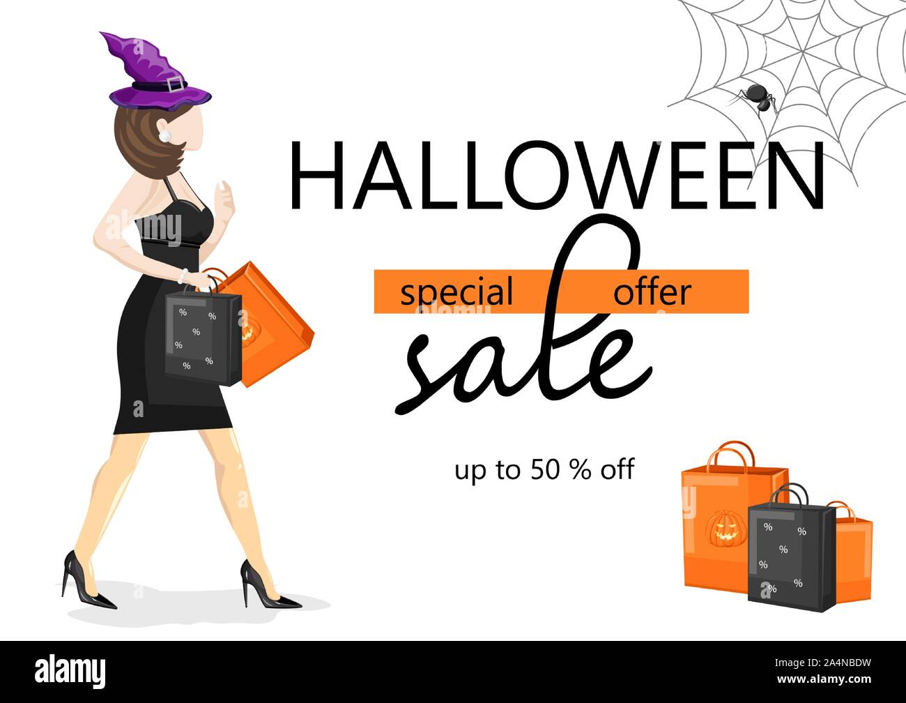 Offre spéciale Halloween vente bannière avec femme vêtue de noir, portant chapeau de sorcière. Spider web et maison de sacs. Vecteur. Style plat Illustration de Vecteur