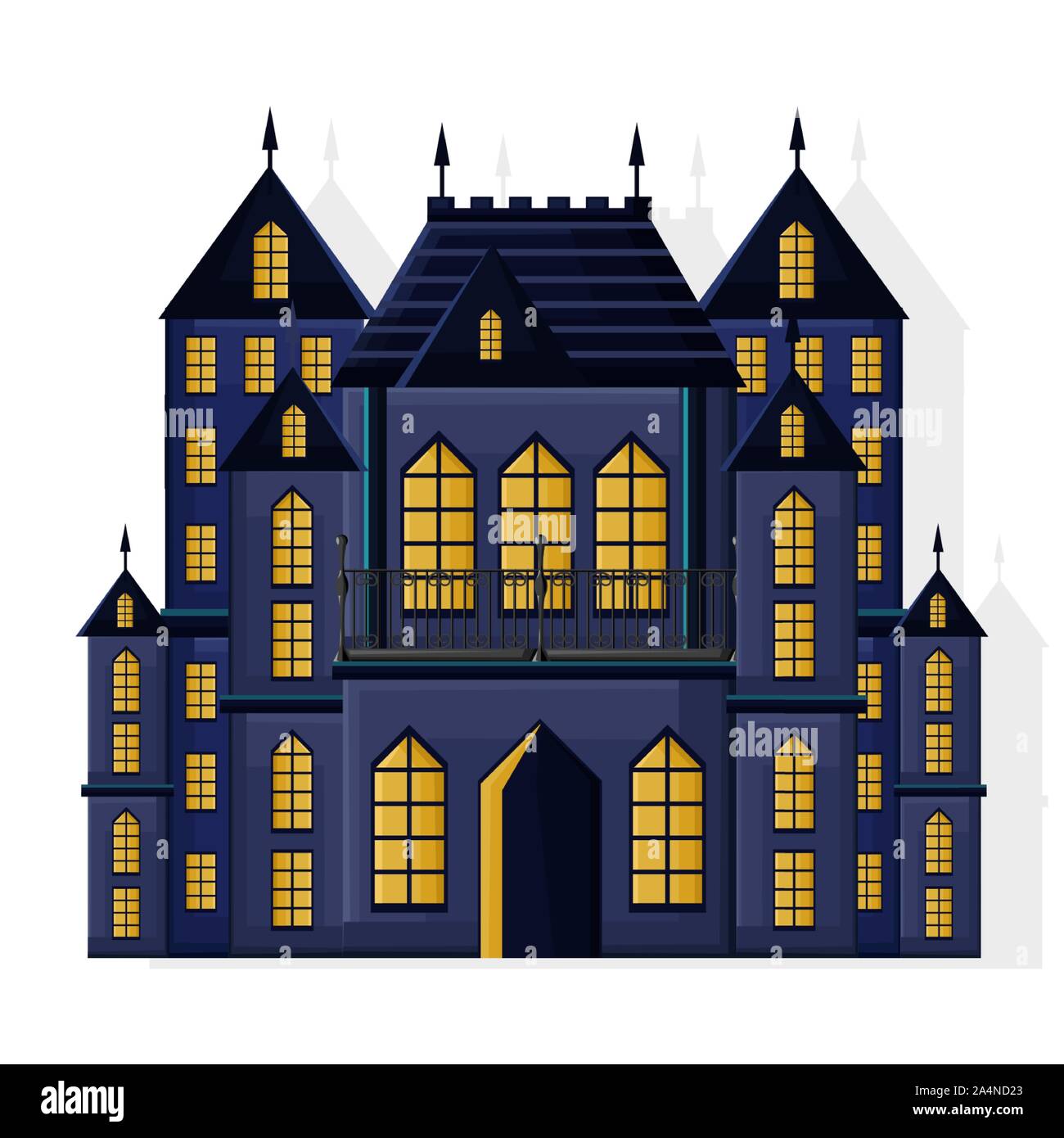 Halloween couleur sombre château avec feux jaunes et vecteur de l'ombre. Style plat Illustration de Vecteur