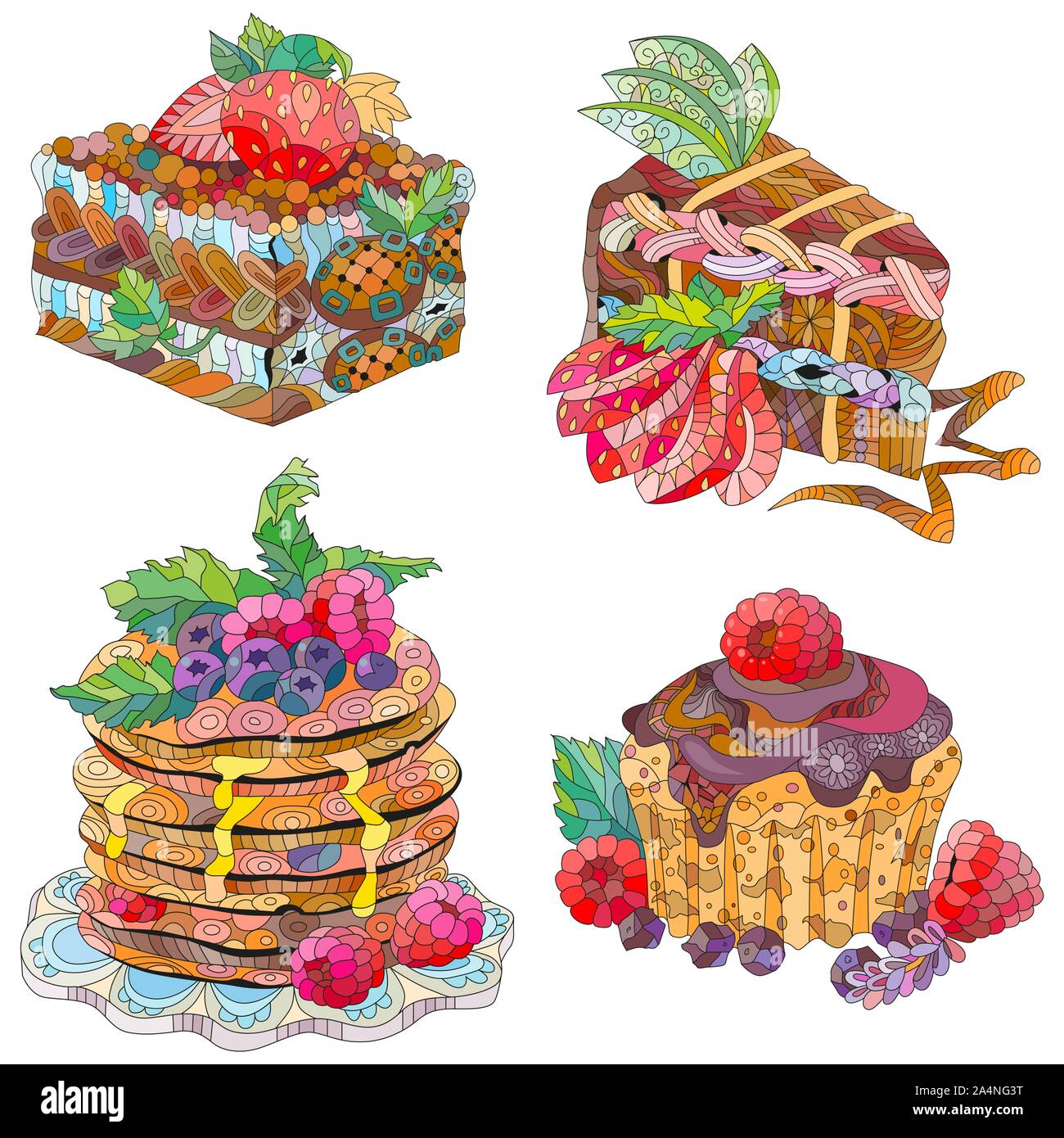 Ensemble de petits gâteaux et vecteur des crêpes au chocolat et de framboise pour la coloration Illustration de Vecteur