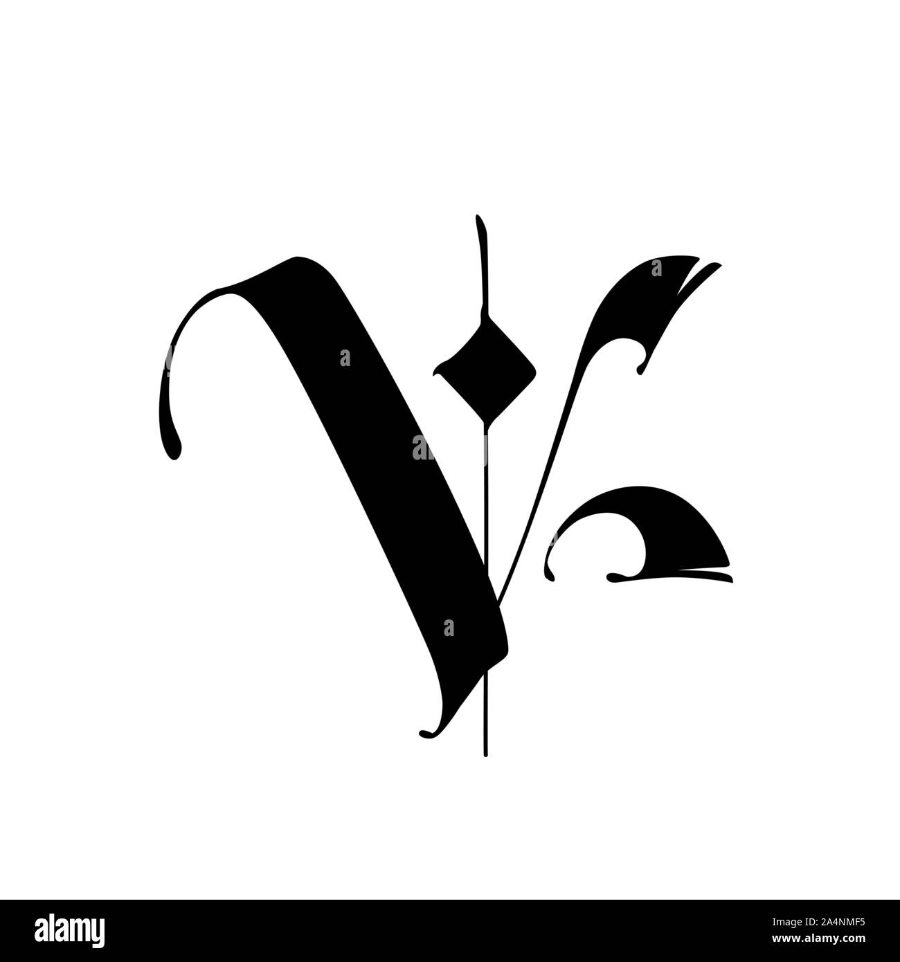 Lettre V, dans le style gothique. Vecteur. L'alphabet. Le symbole est isolé sur un fond blanc. De la calligraphie et de lettrage. Lettre en latin médiéval. Logo Illustration de Vecteur