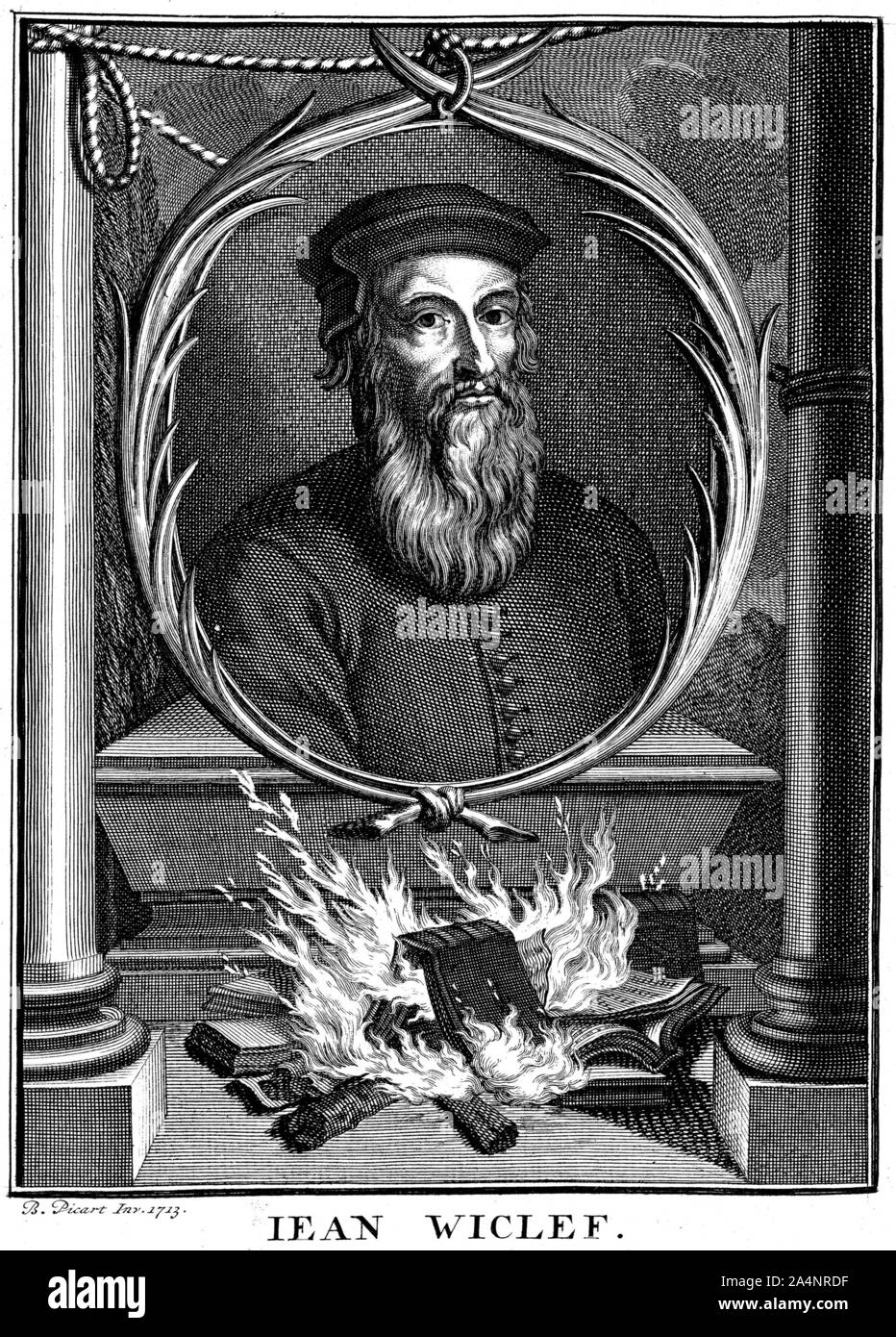 JOHN WYCLIF (1320-1384) théologien anglais c dans une gravure de Bernard en 1714 Picrad ce qui montre l'incendie de ses livres. Banque D'Images