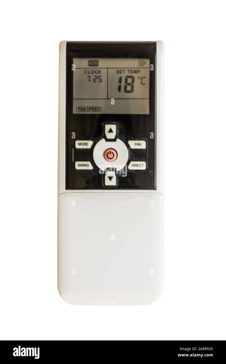 Télécommande, contrôleur de climatiseur isolé sur fond blanc. Contrôle de la température de l'air à l'intérieur. Banque D'Images