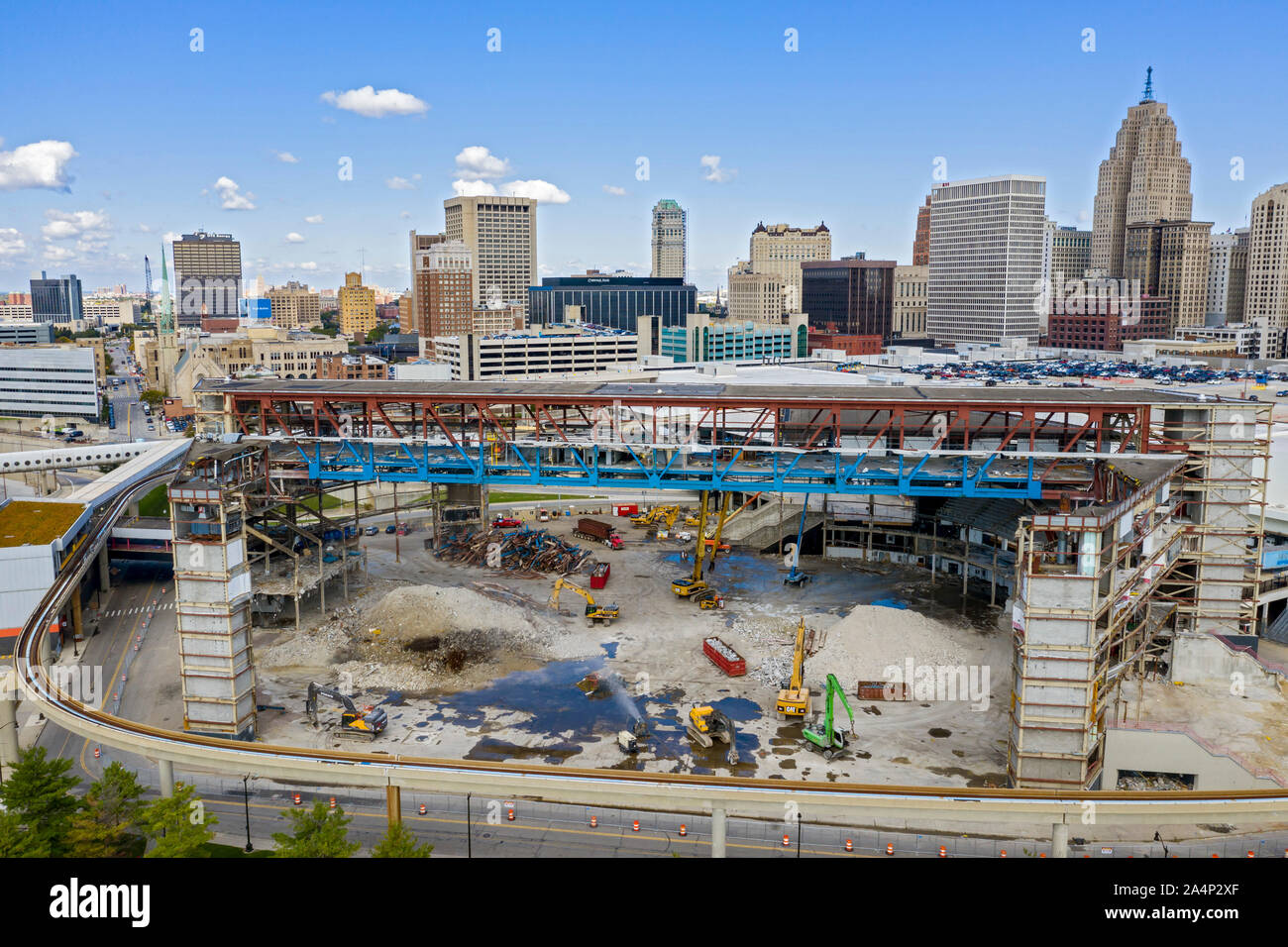 Detroit, Michigan - Démolition de la Joe Louis Arena, ancienne demeure de l'équipe Red Wings de Détroit dans la Ligue nationale de hockey de 1979 à 2017. L Banque D'Images