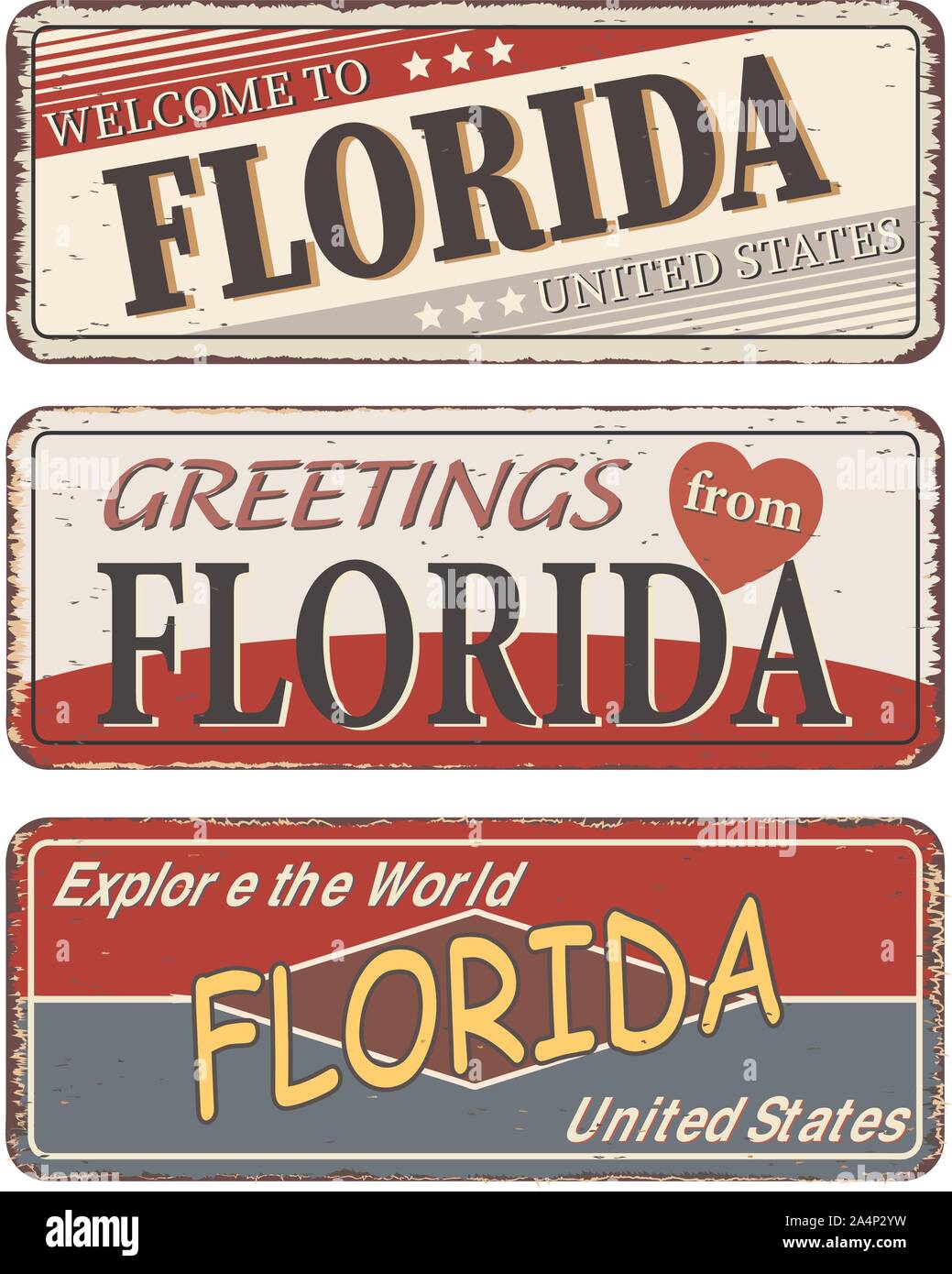 Vintage tin sign collection avec nous. L'Etat de Floride. Retro de souvenirs ou de vieux papier carte postale des modèles sur fond rouille Illustration de Vecteur