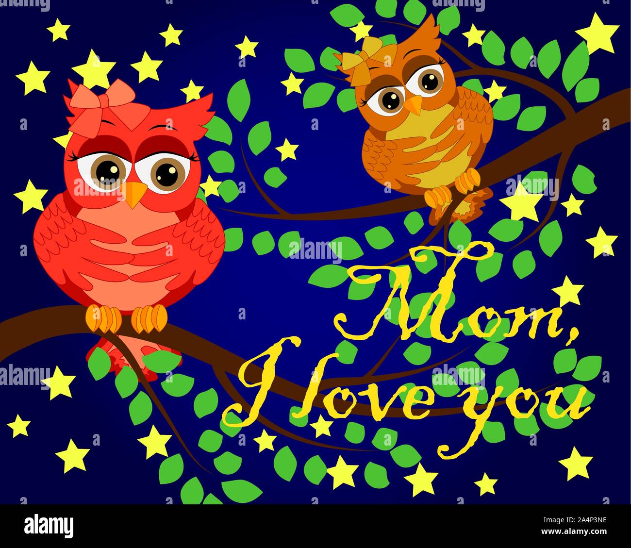 La Fete Des Meres Carte De Vœux La Chouette Maman Et Un Oiseau Fleurs De Printemps Colore Image Vectorielle Stock Alamy