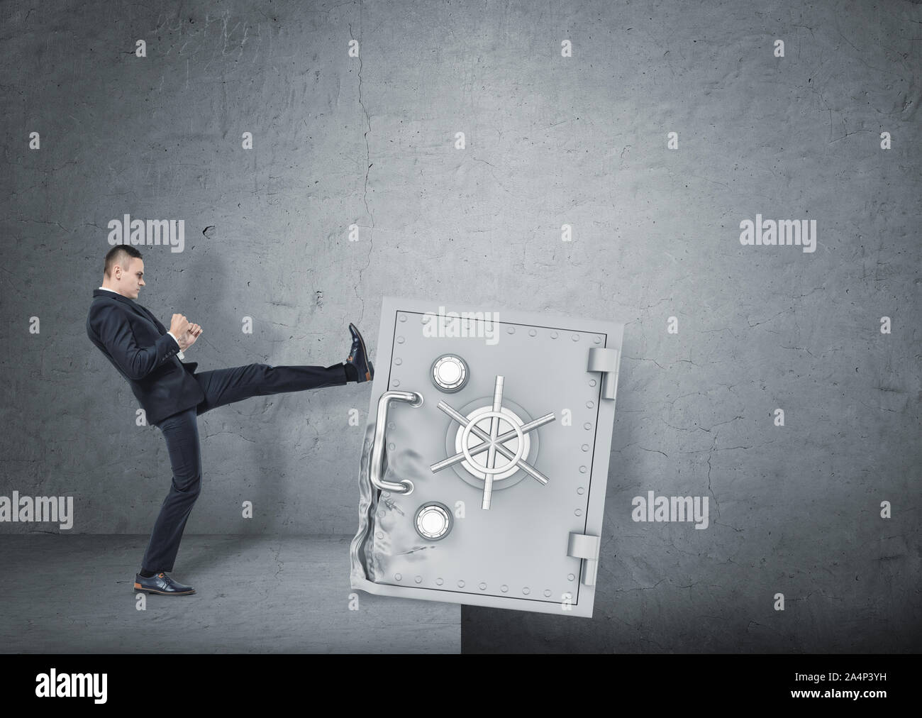 Businessman kicking déformé d'un coffre-fort pour le jeter en bas dans la  fosse Photo Stock - Alamy