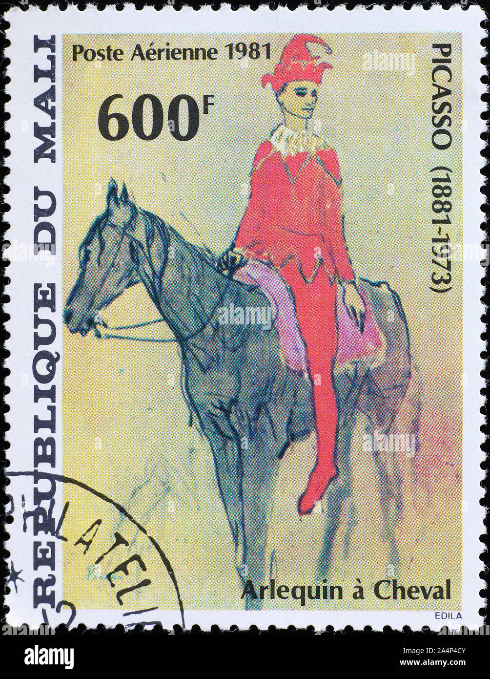 Peinture 'à cheval' arlequin de Picasso sur stamp Banque D'Images