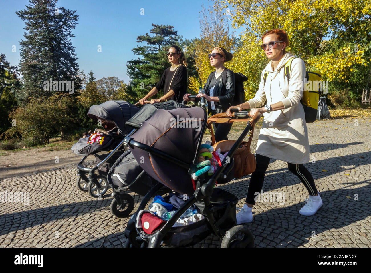 Trois femmes avec poussettes, femmes marchant dans le parc de la ville, se promenant ensemble Riegrovy sady Prague République tchèque Europe poussette poussette PRAM Banque D'Images