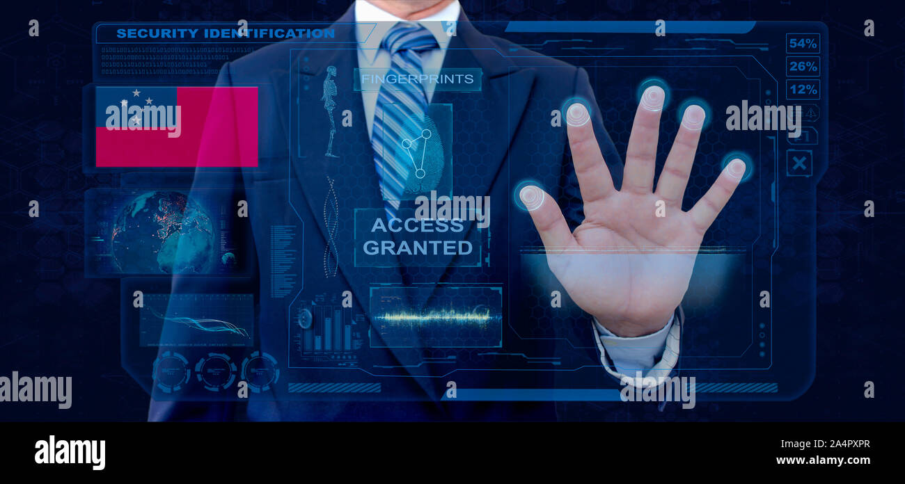 L'impression de doigt la lecture biométrique Système d'identification. Analyse de l'identité biométrique d'empreintes digitales d'affaires et d'approbation. Western Samoa Nationalité Banque D'Images