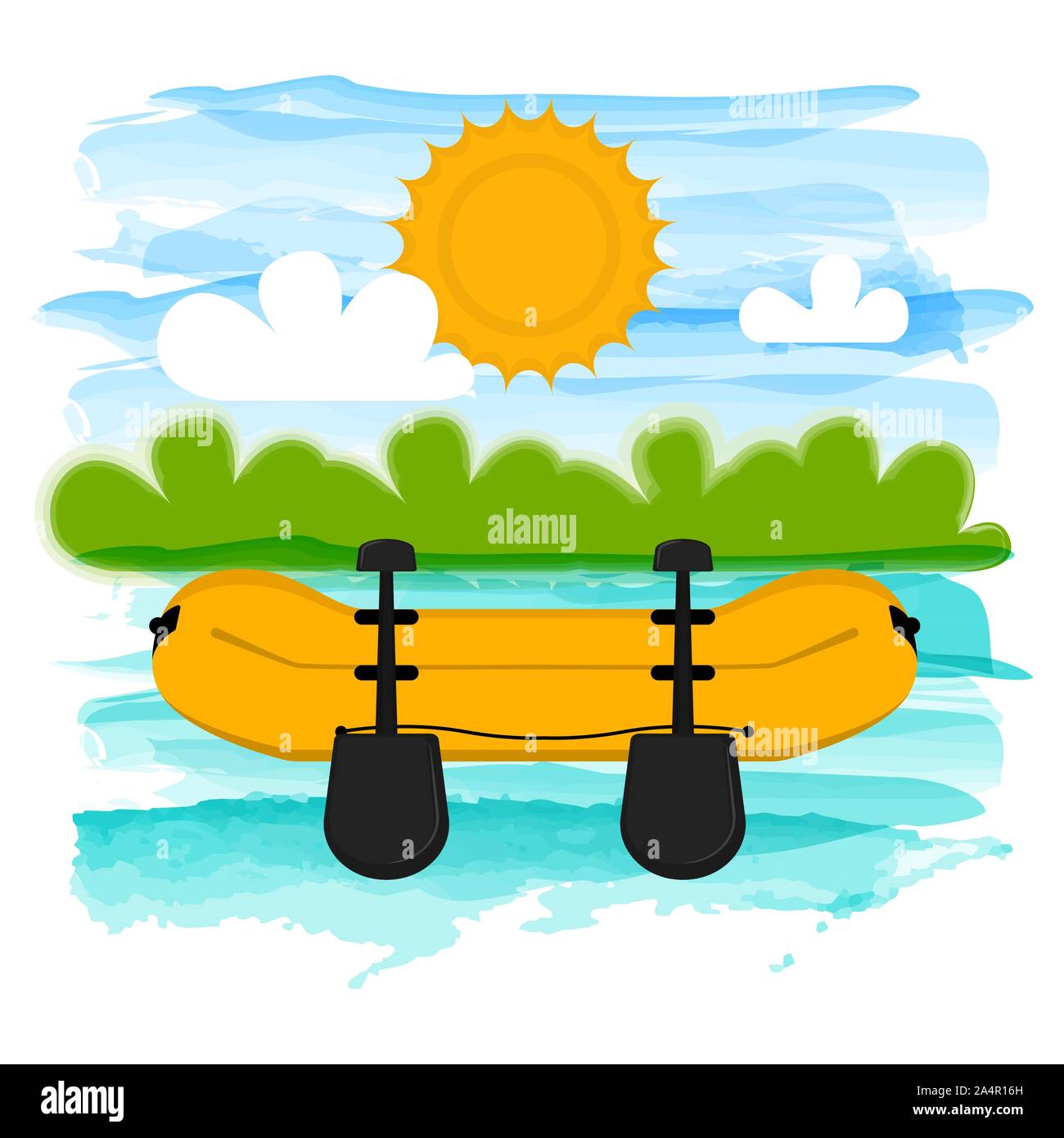 Bateau tropical sur une rivière avec des palettes - Vector illustration Illustration de Vecteur