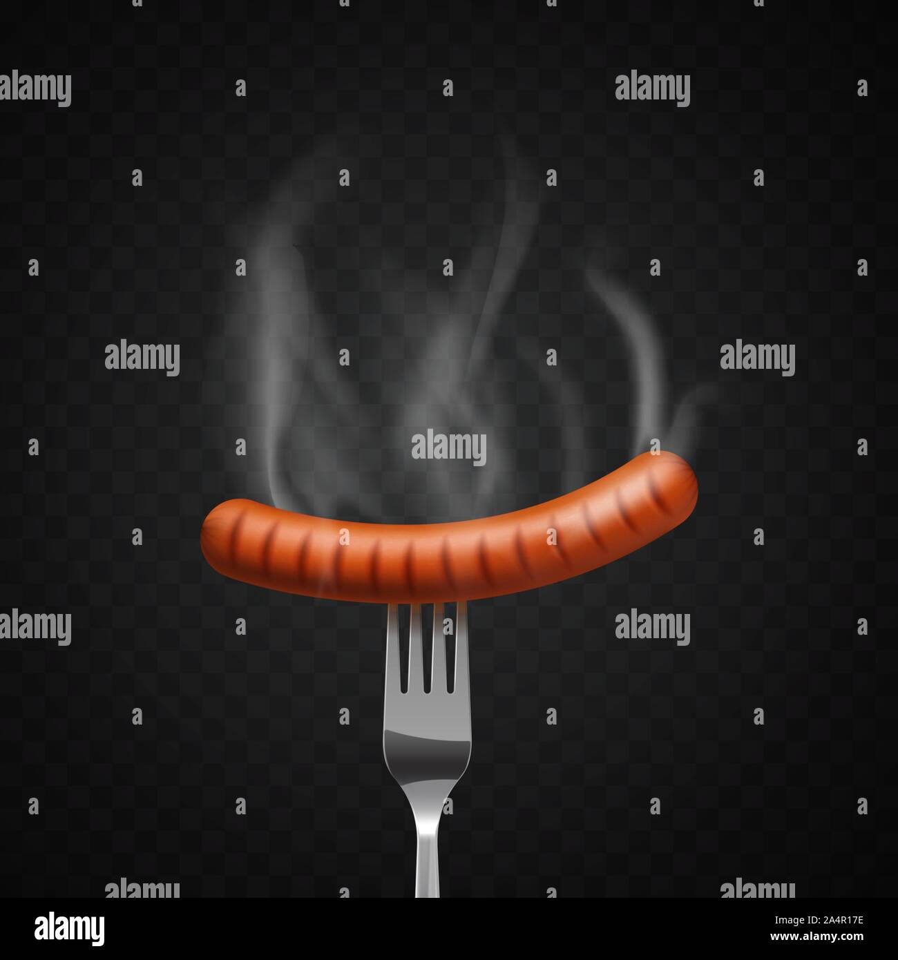 Délicieux saucisson à la vapeur sur une fourche sur fond sombre Illustration de Vecteur