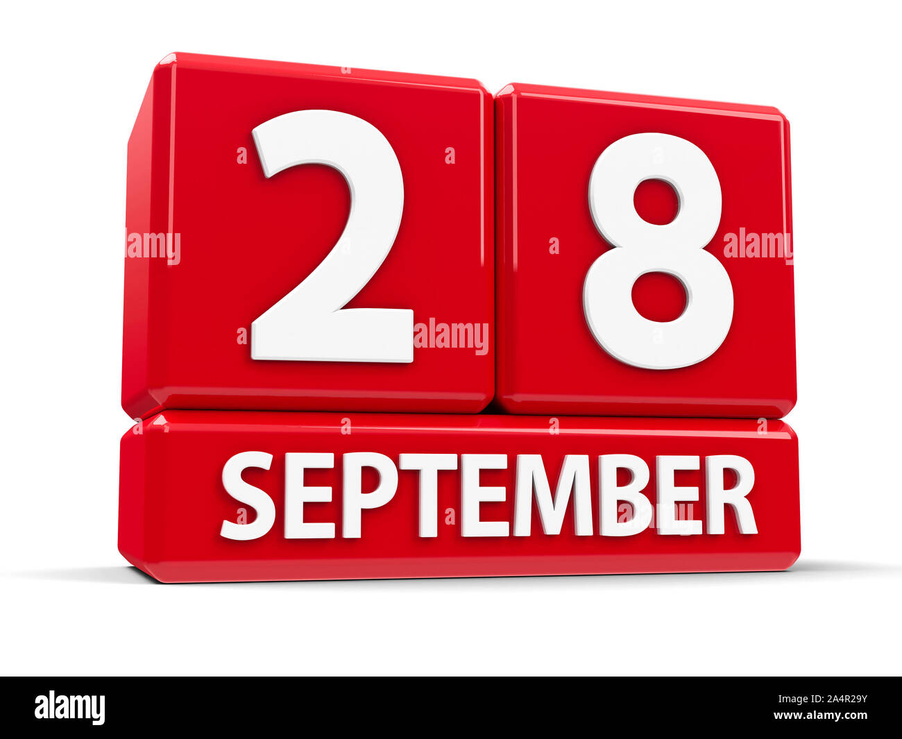 Cubes rouges - la vingt huitième de septembre - sur un tableau blanc - Journée mondiale de la rage, de l'accès à l'information, Journée de rendu en trois dimensions, 3D illustrat Banque D'Images