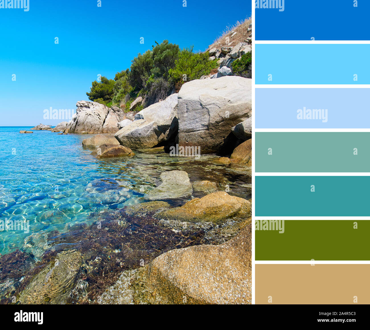 Palette des couleurs d'une photo de la romantique côte de Mer de la péninsule de Sithonia, Halkidiki, Grèce du Nord Banque D'Images