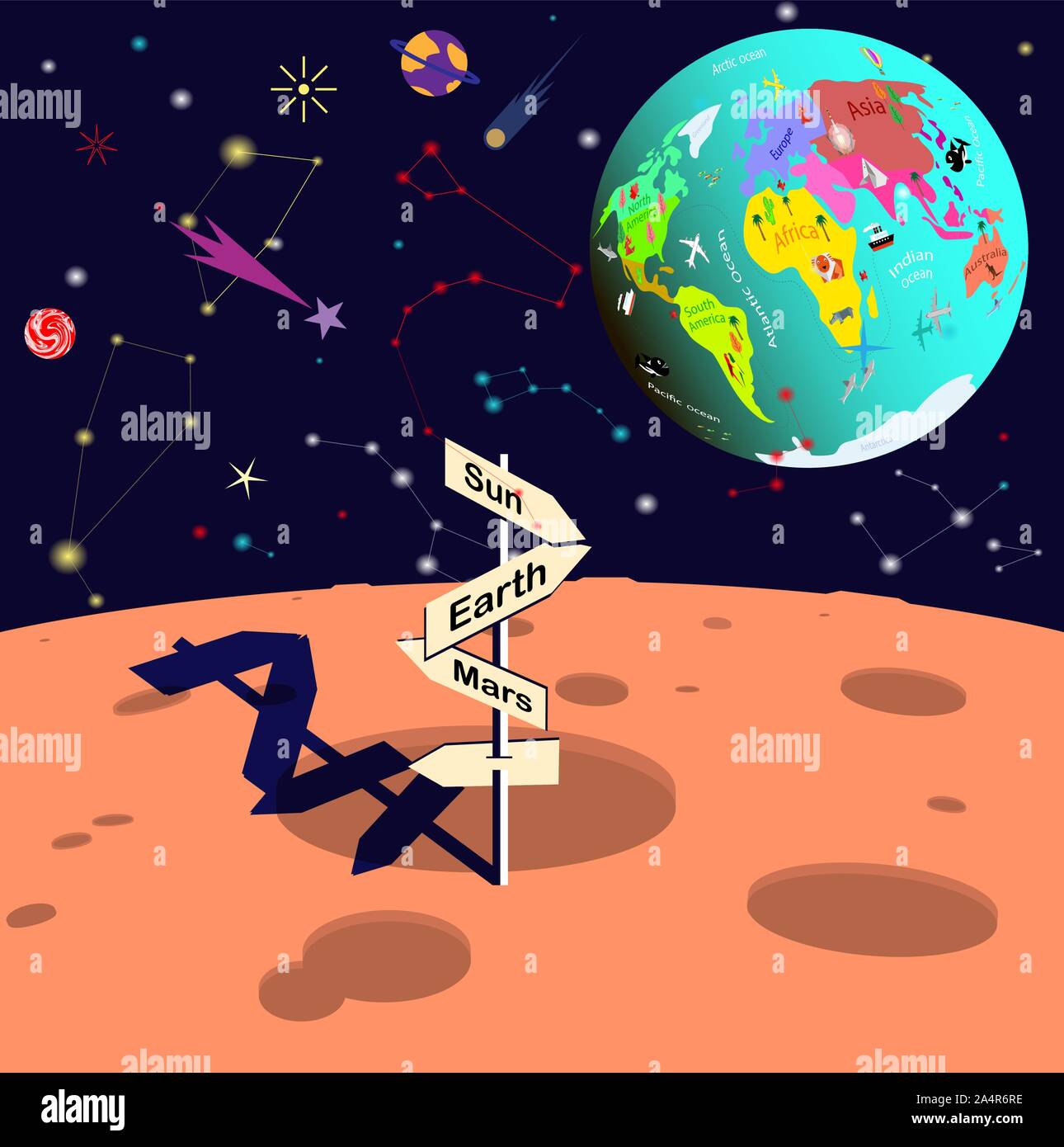 Vue de la planète Terre de la lune. L'espace dans un style de dessin animé. Vector illustration. Illustration de Vecteur