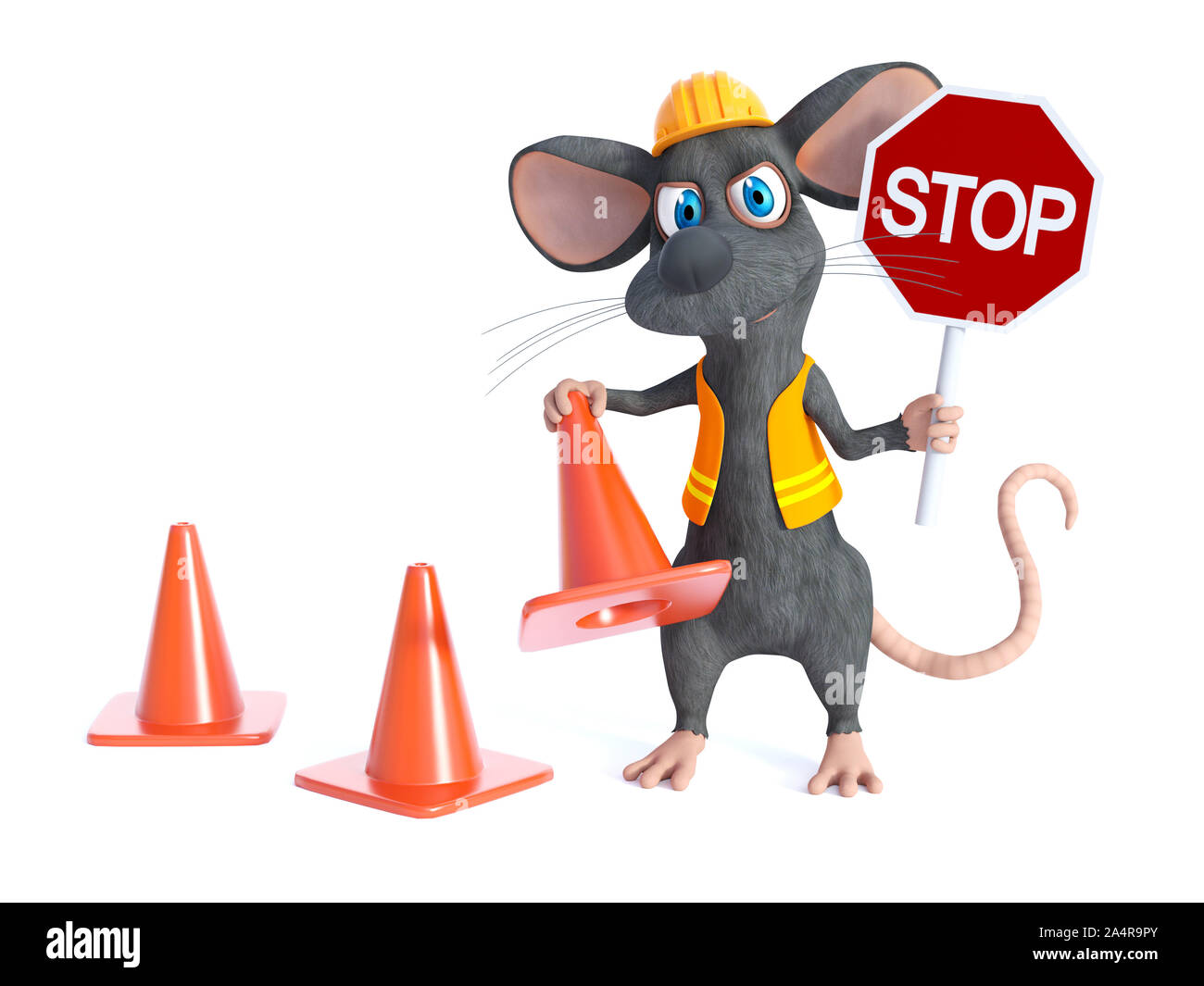 Le rendu 3D d'un cute cartoon souris vêtue comme une construction woker, tenant un cône de trafic et de panneau d'arrêt. Arrière-plan blanc. Banque D'Images