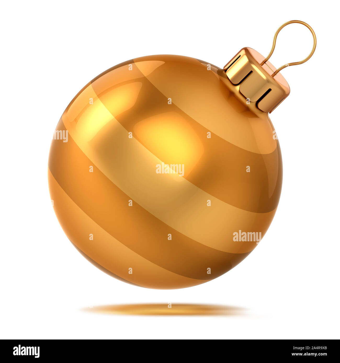 Gold Christmas ball décor brillant jaune. Bonne année pétillante babiole. Décoration de noël ornement suspendu sphère symbole traditionnel moderne. 3D render Banque D'Images