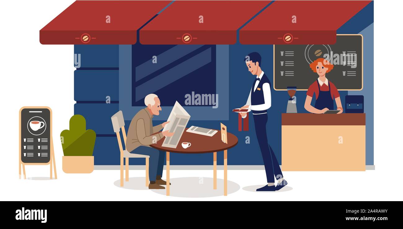 Café-terrasse. Senior man reading newspaper in à l'extérieur d'un café. Télévision couleur style cartoon vector illustration isolé Illustration de Vecteur