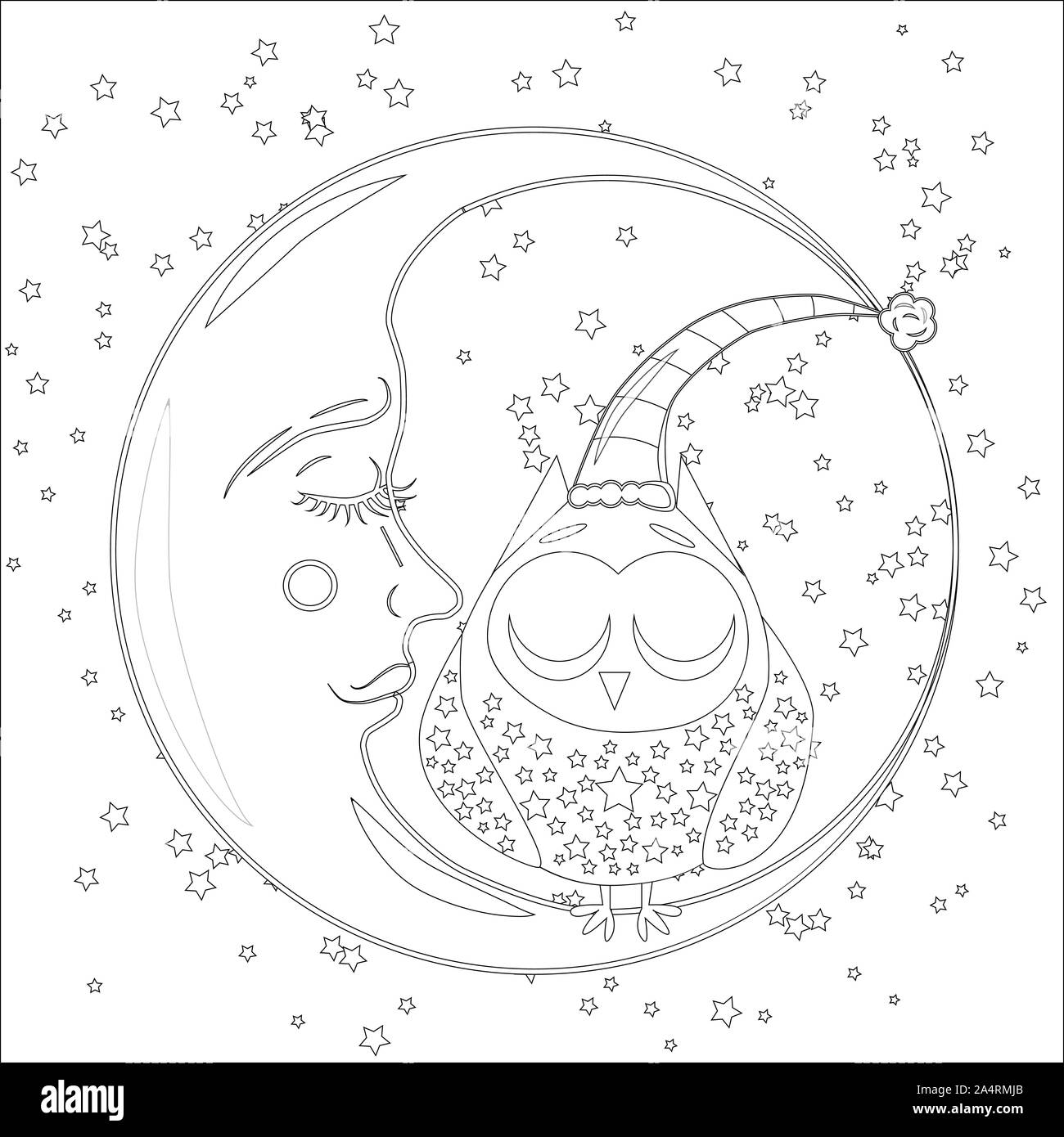 Livre De Coloriage Pour Les Enfants Plus Ages Et Les Adultes Coloriage Avec Un Hibou Sur La Lune Parmi Les Etoiles Photo Stock Alamy
