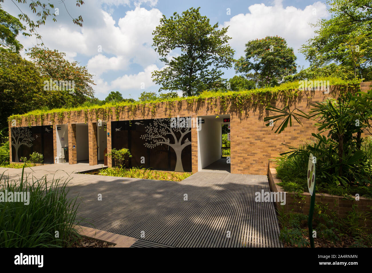 Une aire de repos et une structure de toilettes au parc naturel Thomson, toit planté de plantes vertes pour refroidir la température. Singapour. Banque D'Images
