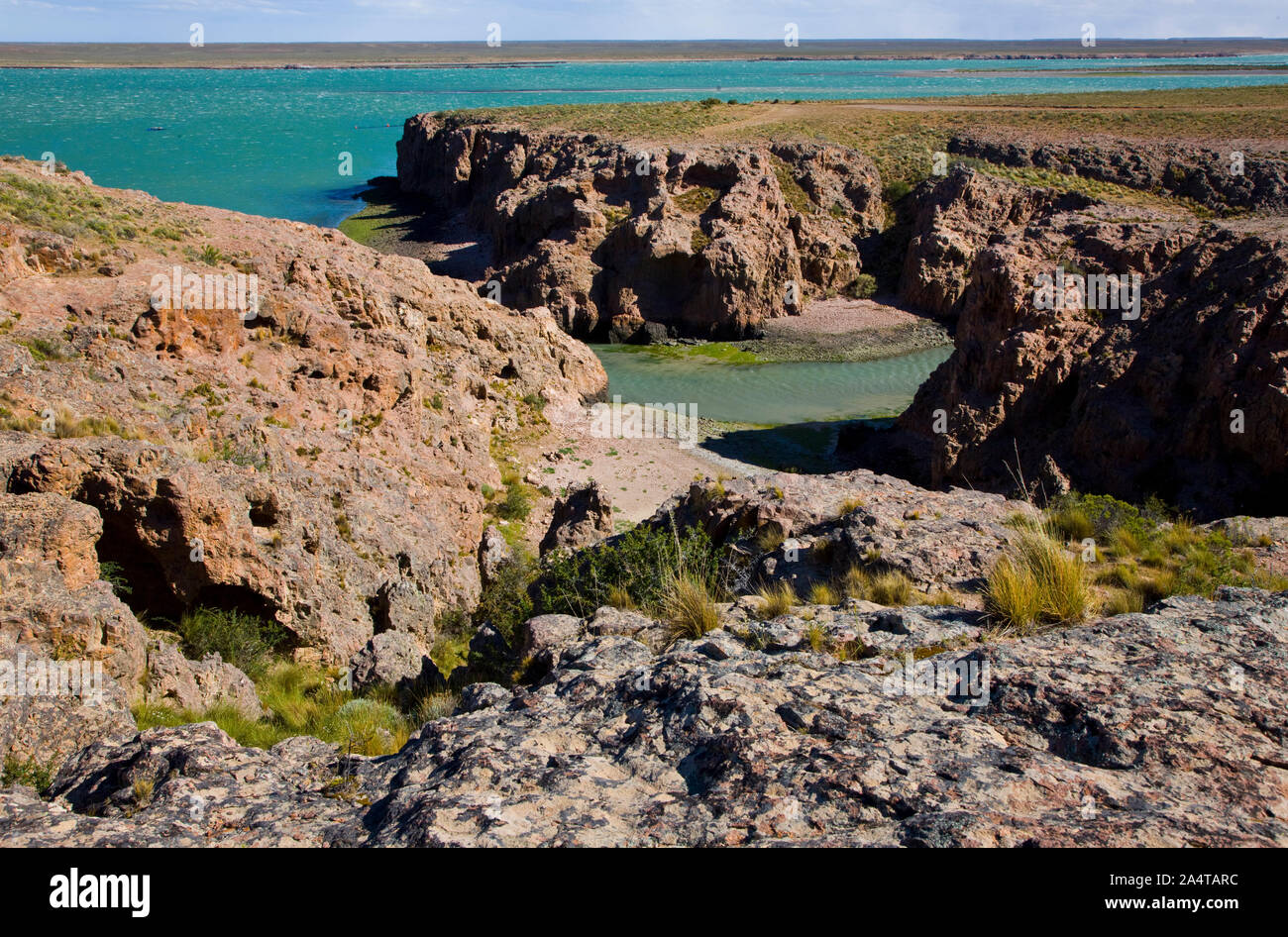 Cañadon en la Reserva Natural Ria Deseado, Puerto Deseado, Patagonie, Argentine Banque D'Images