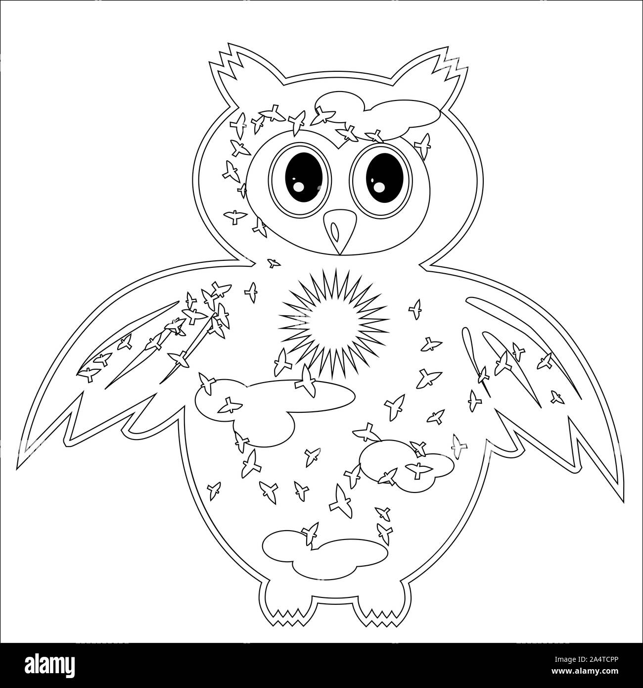 Coloriage avec symbole lune, le soleil, l'owl. Coloring Book pour adulte, antistress, album, photo murale, l'art, tatouage. En noir et blanc indiquant l'illustration Banque D'Images