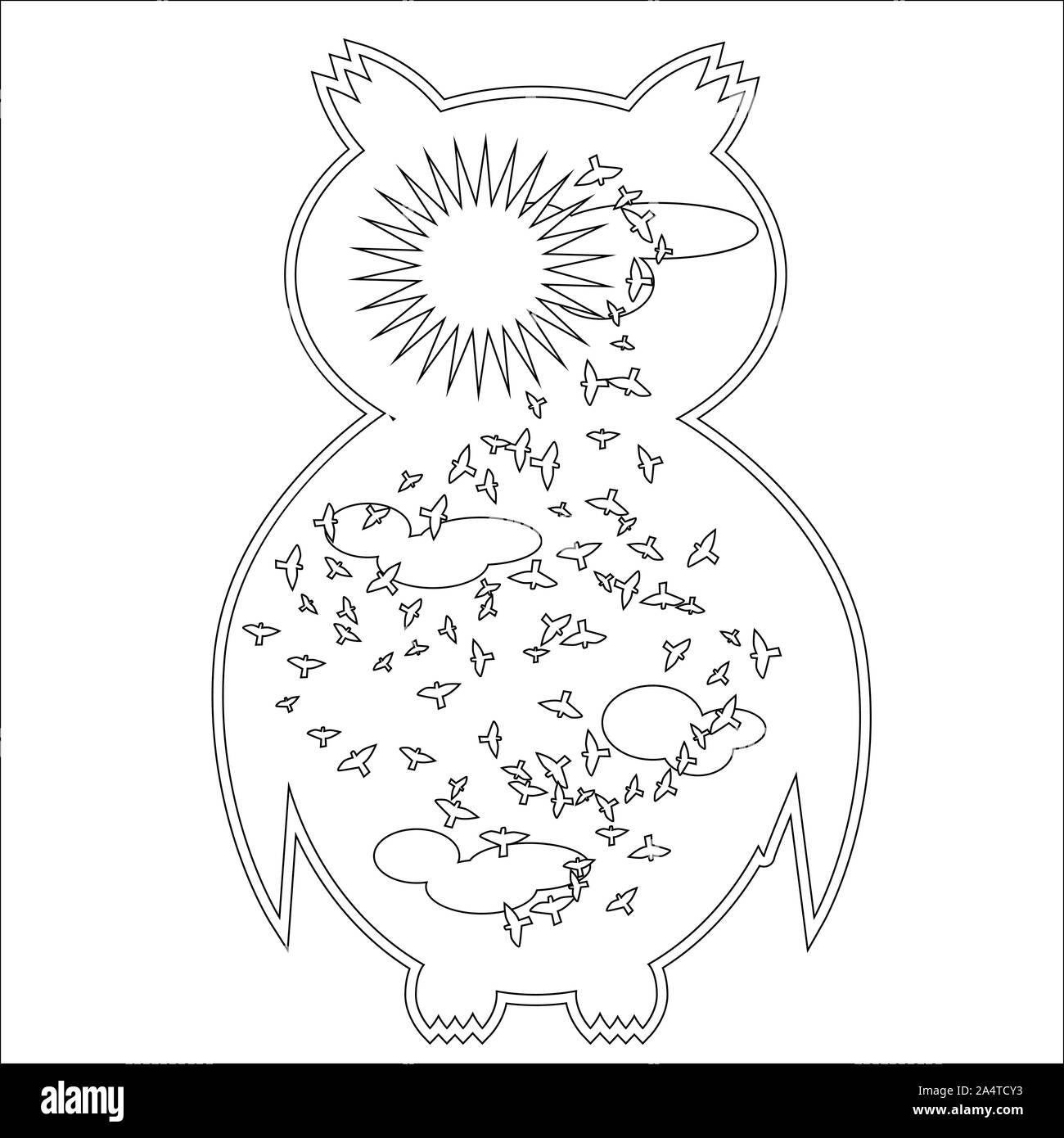 Coloriage avec symbole lune, le soleil, l'owl. Coloring Book pour adulte, antistress, album, photo murale, l'art, tatouage. En noir et blanc indiquant l'illustration Banque D'Images
