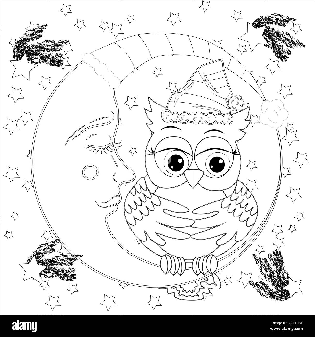 Cute owl en demi-lune avec des étoiles. Anti stress adultes livre à colorier ou tattoo style Boho Banque D'Images