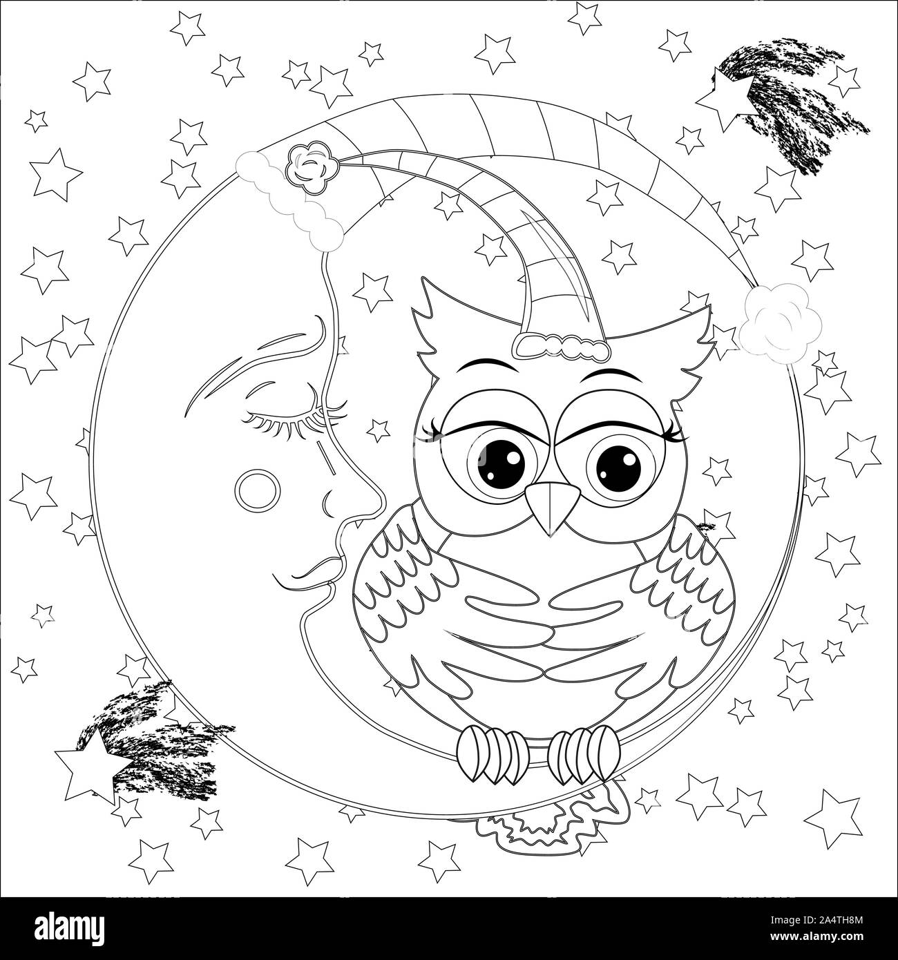 Cute owl en demi-lune avec des étoiles. Anti stress adultes livre à colorier ou tattoo style Boho Banque D'Images