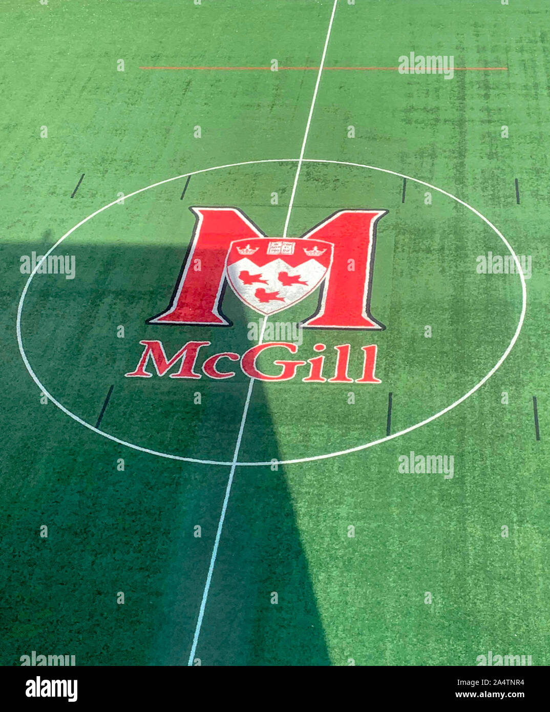 Logo de l'Université McGill sur la pelouse du stade Percival Molson à Montréal, Québec, Canada Banque D'Images