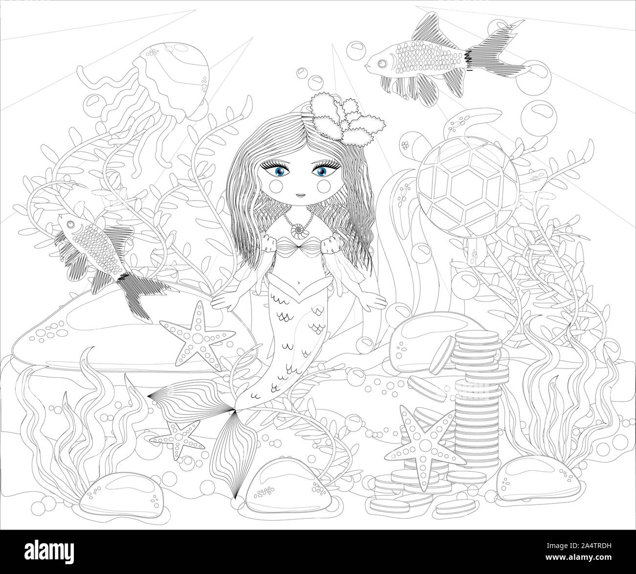 Livre de coloriage pour les enfants : petite sirène et sea world. Banque D'Images