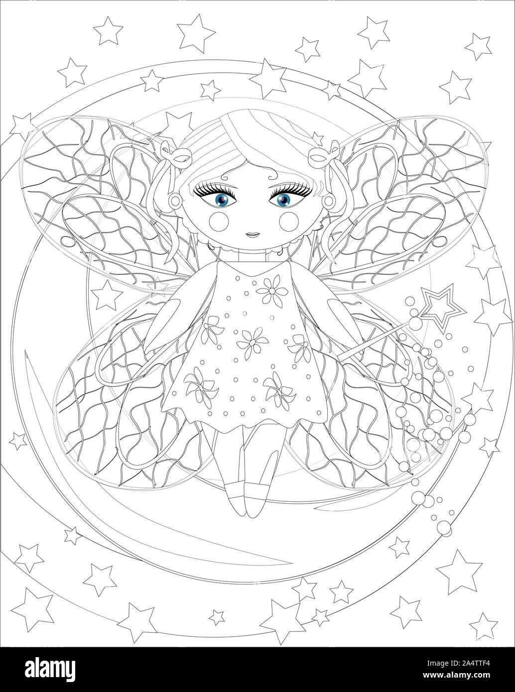 Cute Girl Fee Sur Lune Sketch Carte Postale Imprimer Colorier Des Profils Anti Stress Livre Boho Style Art Zen Doodle Photo Stock Alamy