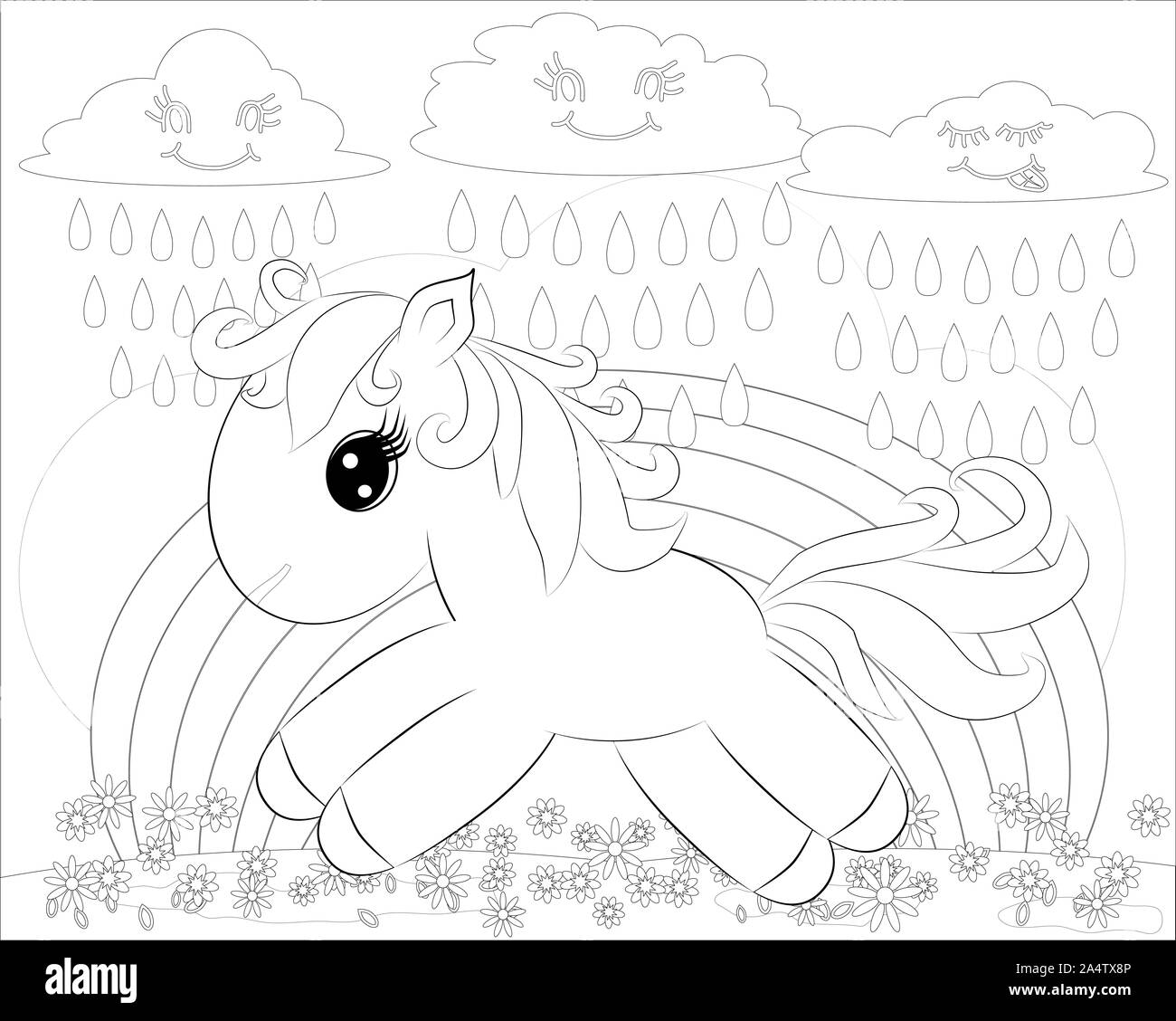 Pages à colorier. Cute Little pony et rainbow Banque D'Images