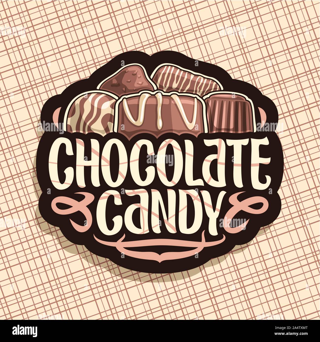Logo Vector pour chocolat Bonbons, panneau noir avec pile de praline belge suisse, couverts de glaçage lait bonbons sucrés, truffe noire et barre de chocolat, o Illustration de Vecteur