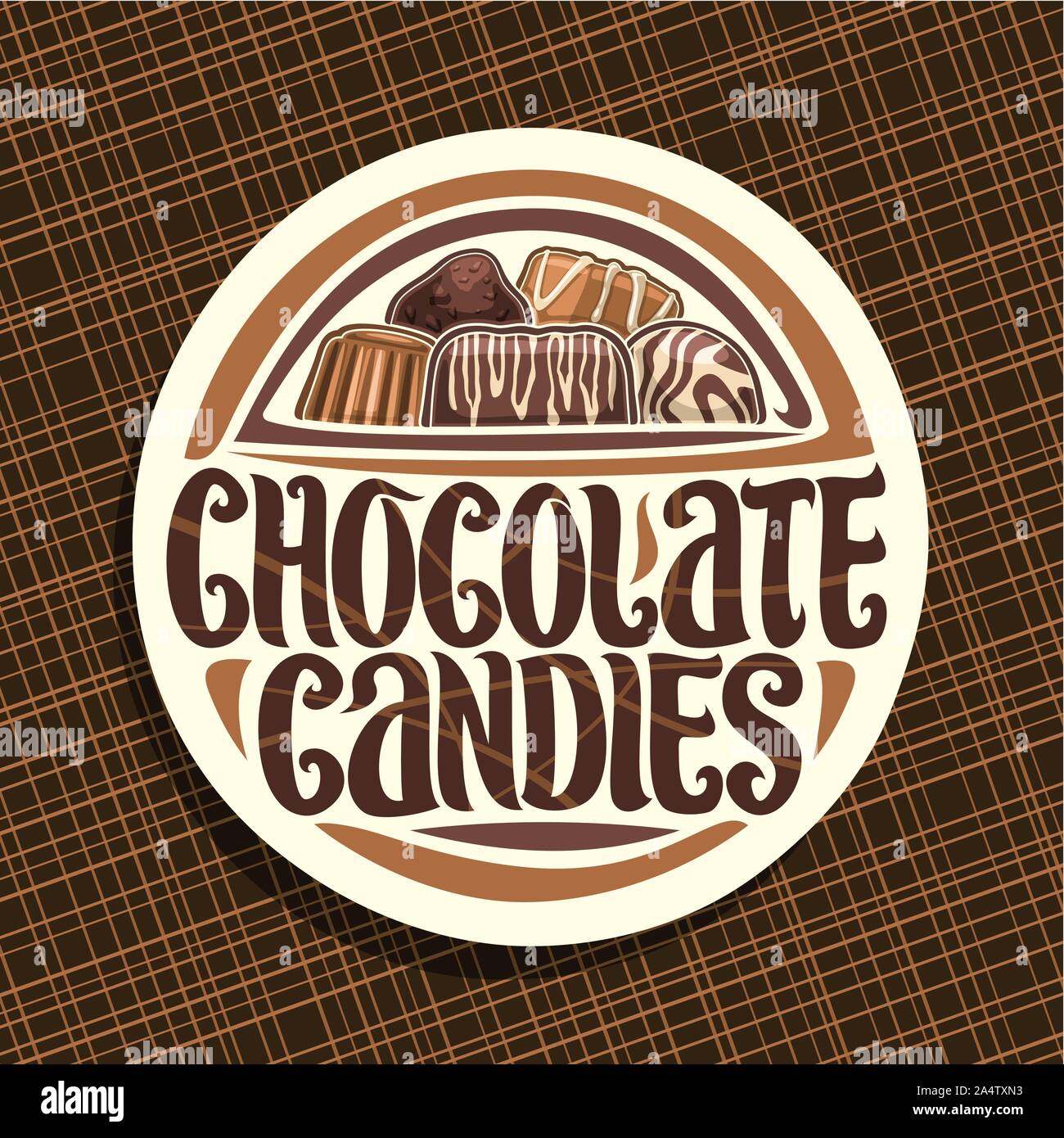 Logo Vector pour confiserie Chocolat, ronde signe avec pile de praline belge suisse, couverts de glace caramel bonbons sucrés, truffe noire et chocolat b Illustration de Vecteur