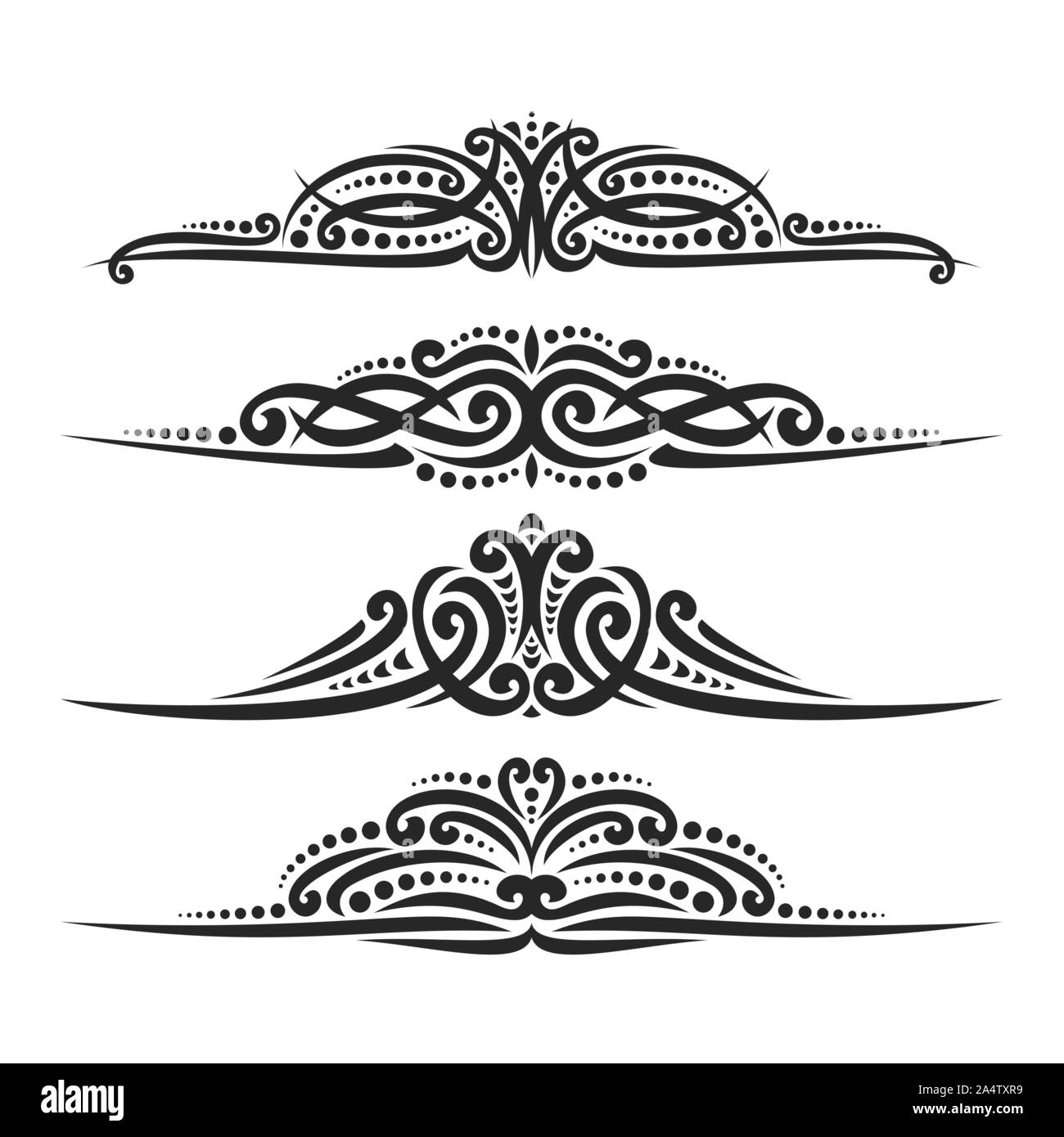Vector set de black page d'accueil de diviseurs, 4 séparateurs de texte en filigrane de style indien pour le titre, des éléments de design pour créer une frontière, ornat Illustration de Vecteur