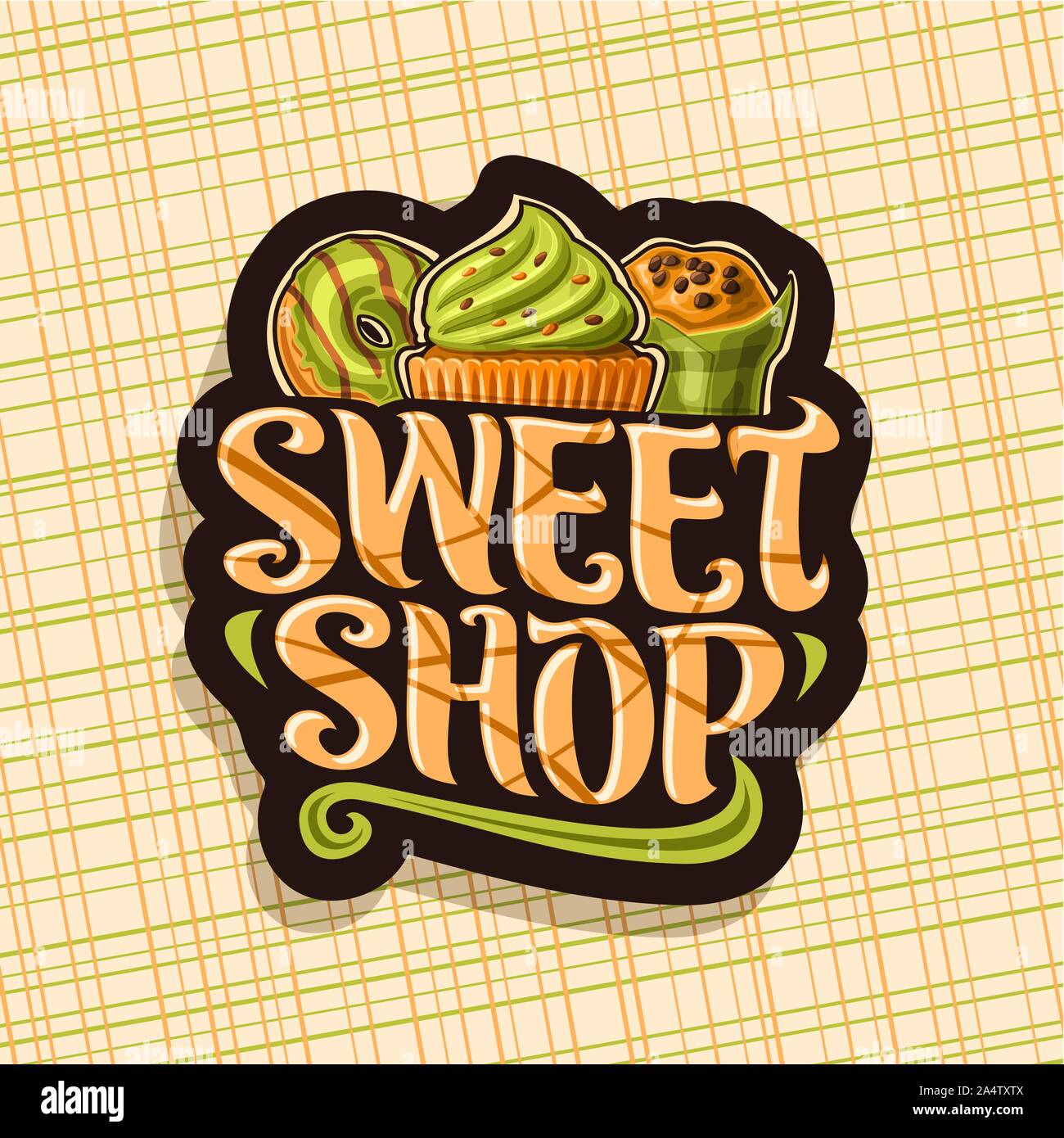 Logo Vector pour Sweet Shop, dark signer avec french green donut, cupcake à la menthe et crème de chocolat muffins emballés avec type de pinceau original, Illustration de Vecteur