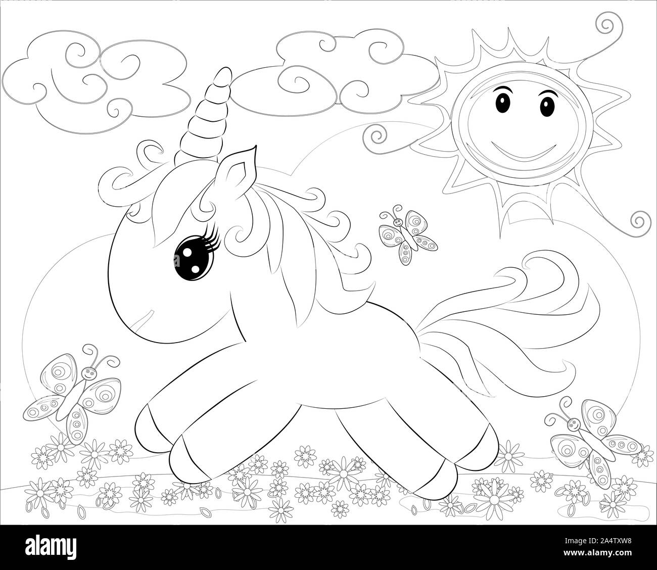 Pages à colorier. Cute Little pony et rainbow Banque D'Images